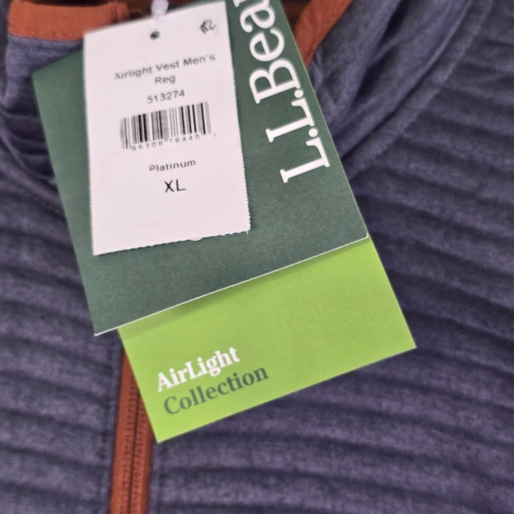 NWT LL Bean Mens XL Airlight Baffled Full Zip Vest Gray Copper Katahdin Patch
